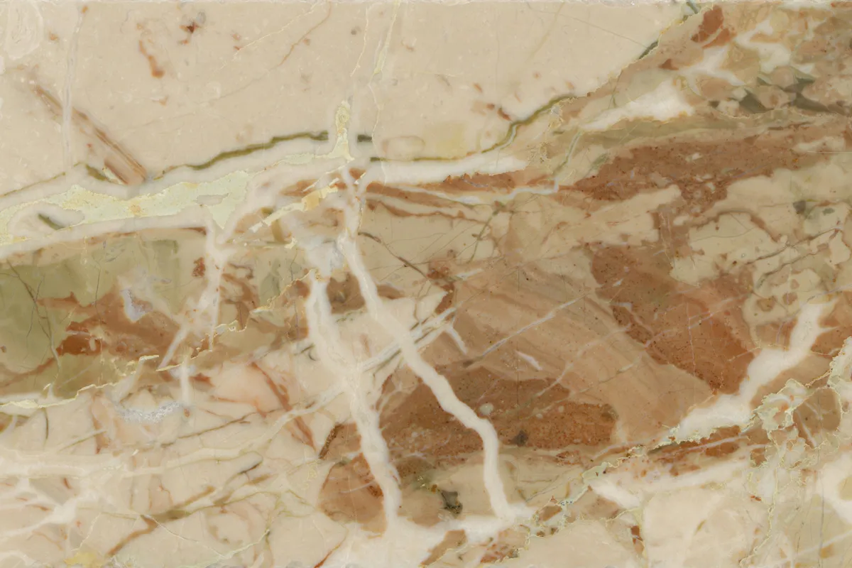 Breccia Aurora Brekzie, polierte Probe – Marmi di Carrara – beige, gold (2)
