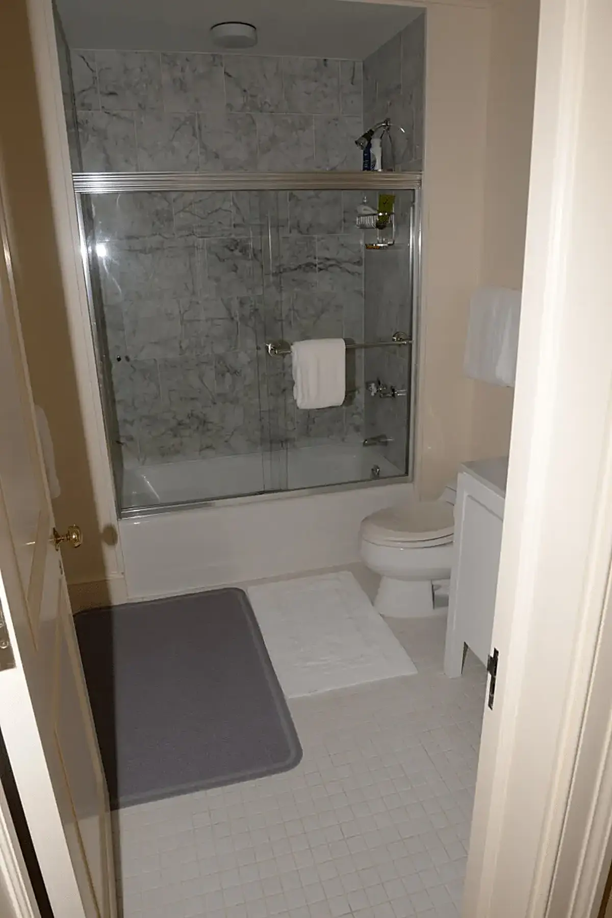 Bathroom: EFTA00001163 - Small bathroom featuring a shower with marble tiles white fixtures and a gr