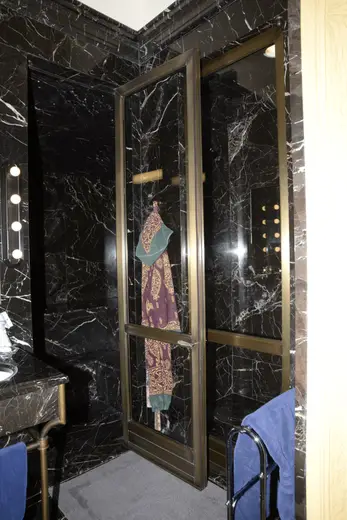 Bagno: EFTA00000168 - Luxurious bathroom features black marble walls a brass-framed glass shower 