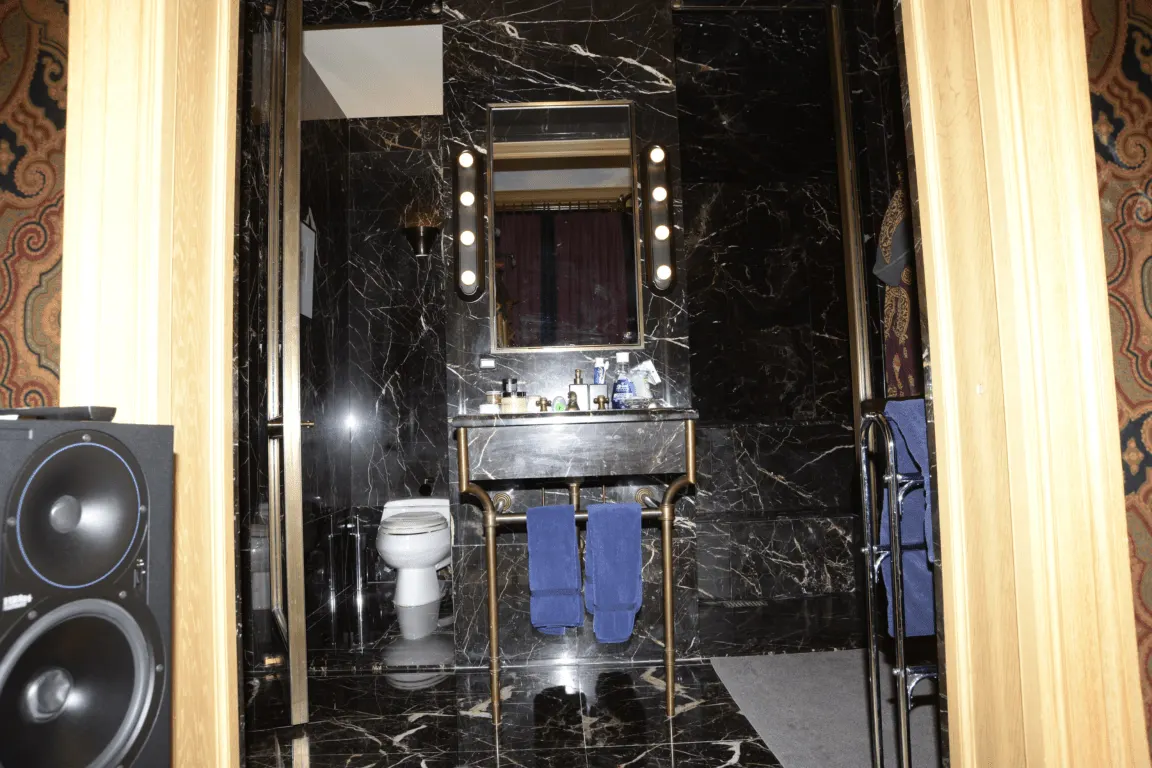 Bathroom: EFTA00000173 - Luxurious bathroom with black marble walls a gold-framed mirror with lights