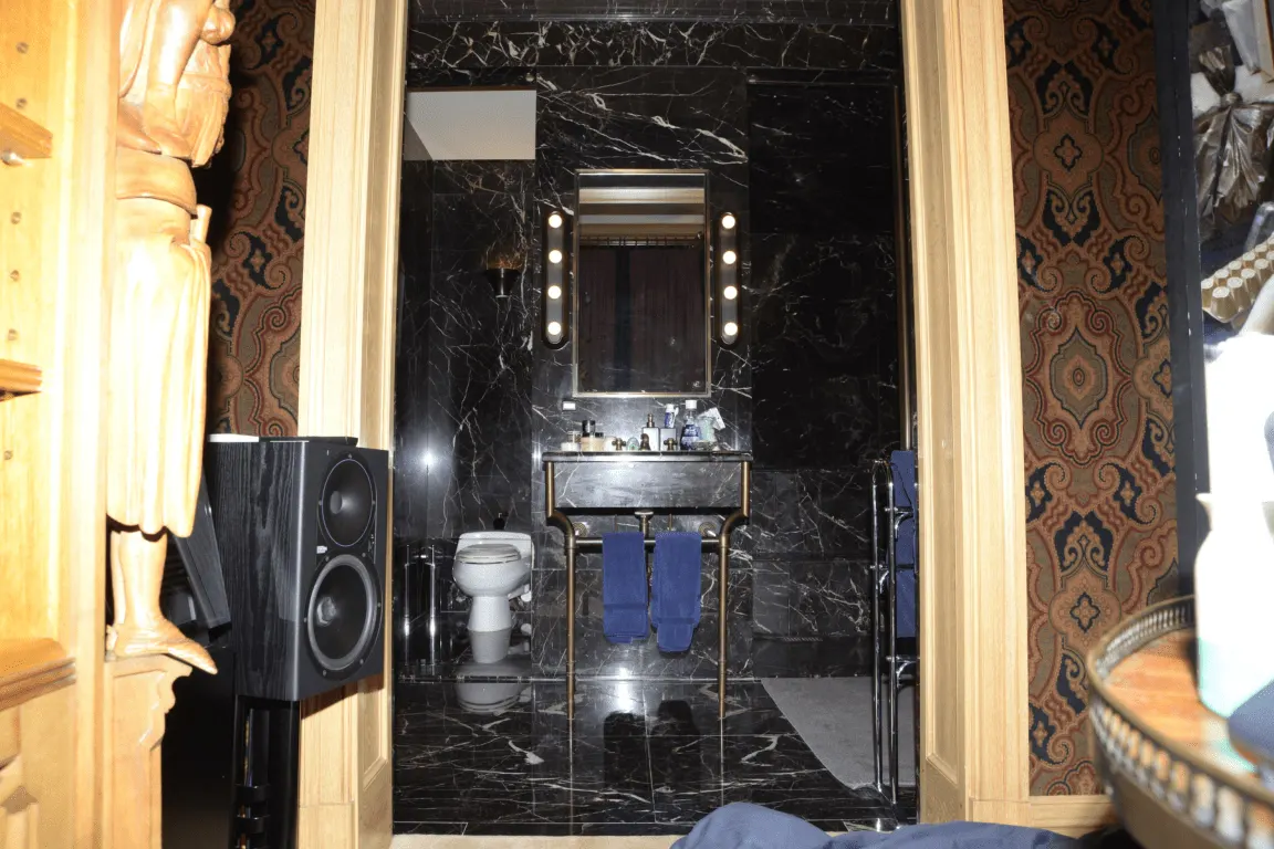 Bathroom: EFTA00000654 - Luxurious bathroom with black marble walls a vanity mirror with lights and 