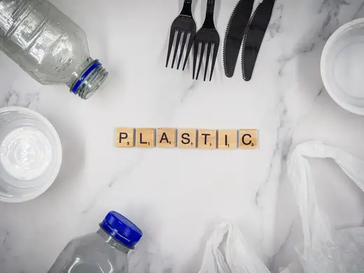 Blocco di cava: Letter Blocks Spelling 'Plastic' among Plastic Packaging