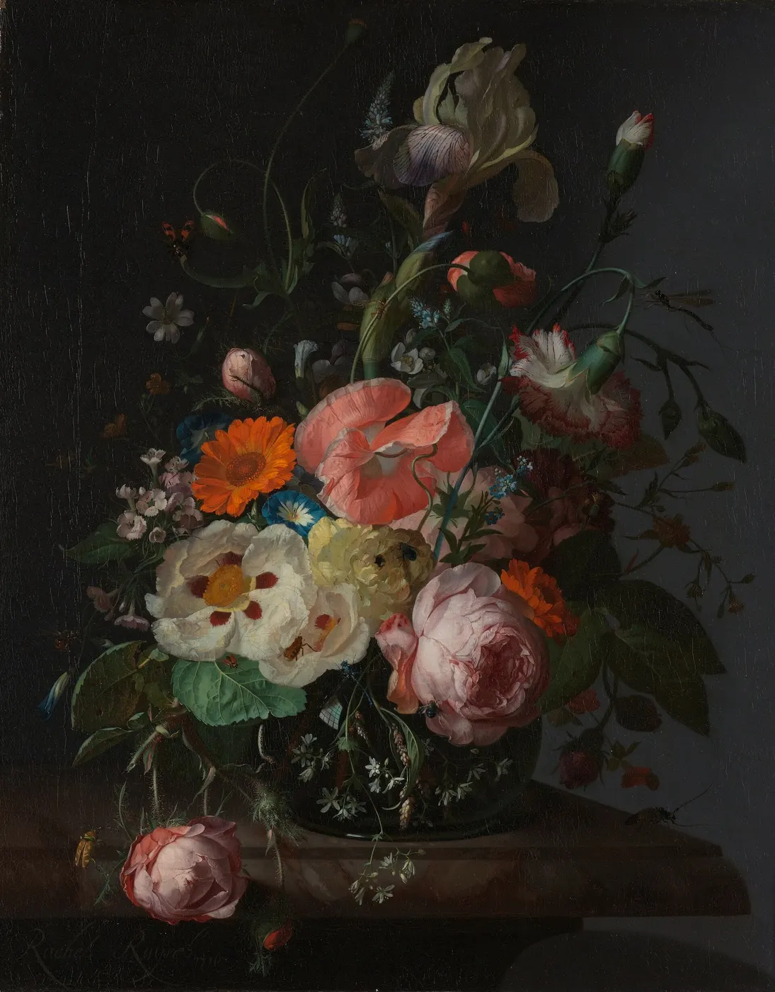 Surface detail: Rachel Ruysch - Still life with flowers on a marble tabletop