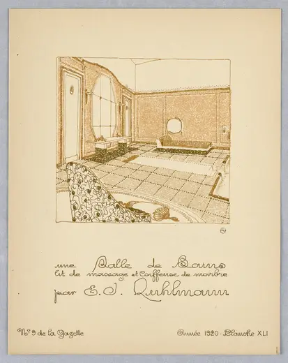 Surface detail: Print, Gazette du Bon Ton (Journal of Good Tastes), Vol. 2, No. 9, Une Salle de Bains, lit
