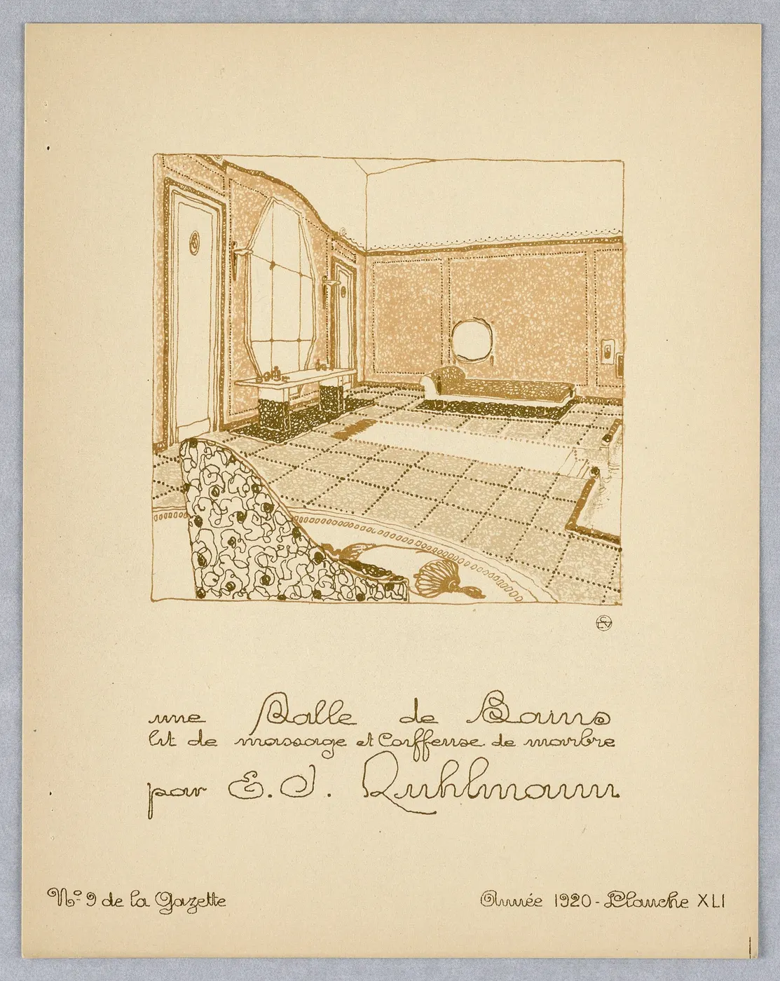 Oberflächendetail: Print, Gazette du Bon Ton (Journal of Good Tastes), Vol. 2, No. 9, Une Salle de Bains, lit