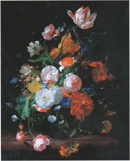 Surface detail: Rachel Ruysch - Flowers in a glass vase on a marble slab formerly of Munich Alte Pinakothe