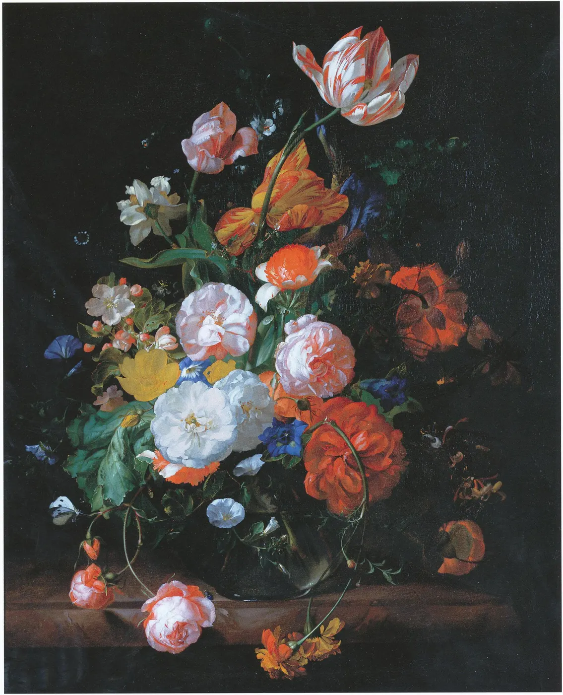 Oberflächendetail: Rachel Ruysch - Flowers in a glass vase on a marble slab formerly of Munich Alte Pinakothe
