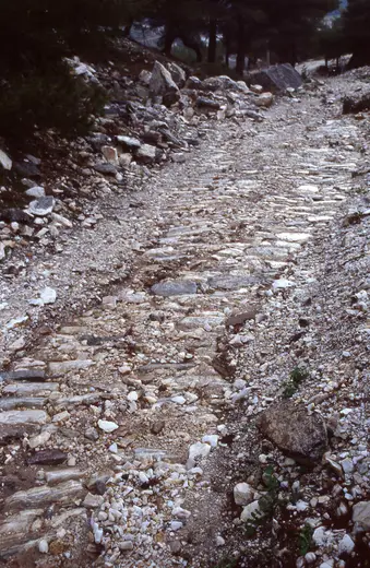 Quarry view: Penteli, Spilia marble quarry - ancient road (1990) 02