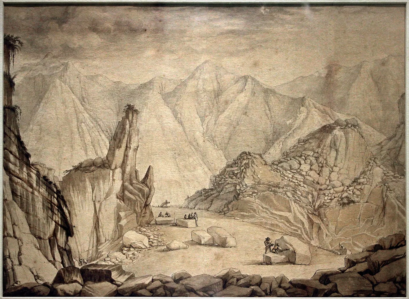 Steinbruchansicht: Anonimo, le cave di carrara, disegno, xvii secolo (biblioteca dell'archivio di stato di ma
