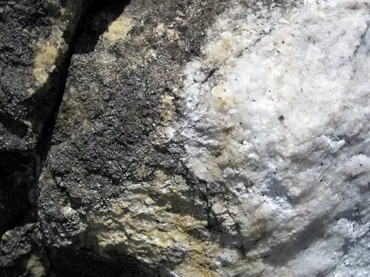 Slab surface: Dolomitized marble in marble (Gouverneur Marble, Mesoproterozoic, ~1.1 Ga; Route 11 roadcu