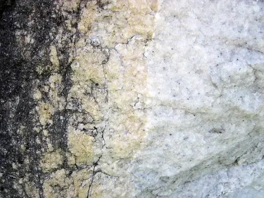 Slab surface: Dolomitized marble in marble (Gouverneur Marble, Mesoproterozoic, ~1.1 Ga; Route 11 roadcu