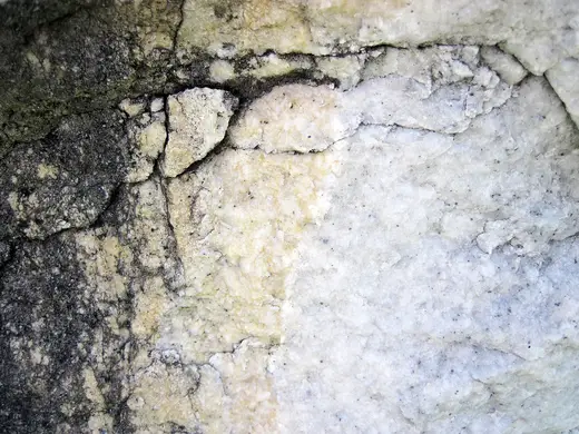 Slab surface: Dolomitized marble in marble (Gouverneur Marble, Mesoproterozoic, ~1.1 Ga; Route 11 roadcu