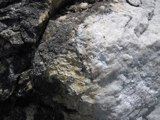 Slab surface: Dolomitized marble in marble (Gouverneur Marble, Mesoproterozoic, ~1.1 Ga; Route 11 roadcu