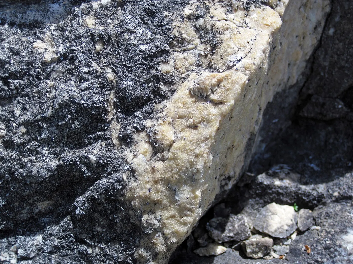 Plattenoberfläche: Dolomitized marble in marble (Gouverneur Marble, Mesoproterozoic, ~1.1 Ga; Route 11 roadcu