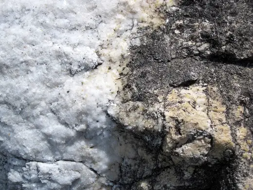 Slab surface: Dolomitized marble in marble (Gouverneur Marble, Mesoproterozoic, ~1.1 Ga; Route 11 roadcu