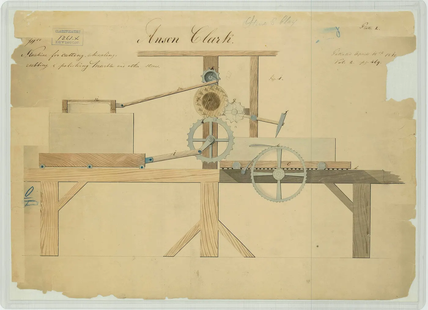 Plattenoberfläche: Anson Clark's Patent Drawing for a Machine for Cutting, Chiseling, Rubbing, and Polishing 