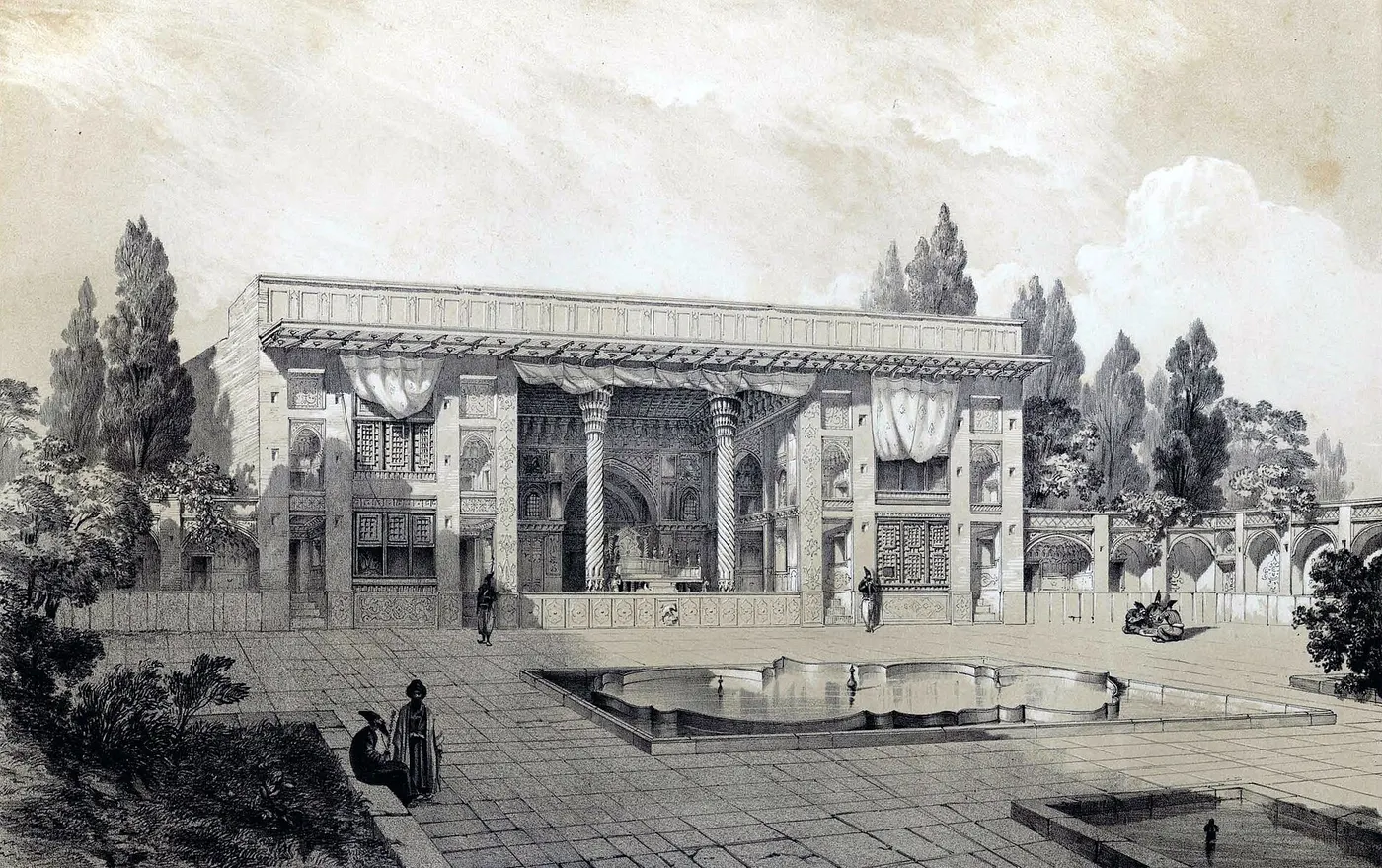 Plattenoberfläche: Exterior view of the marble throne by Eugène Flandin