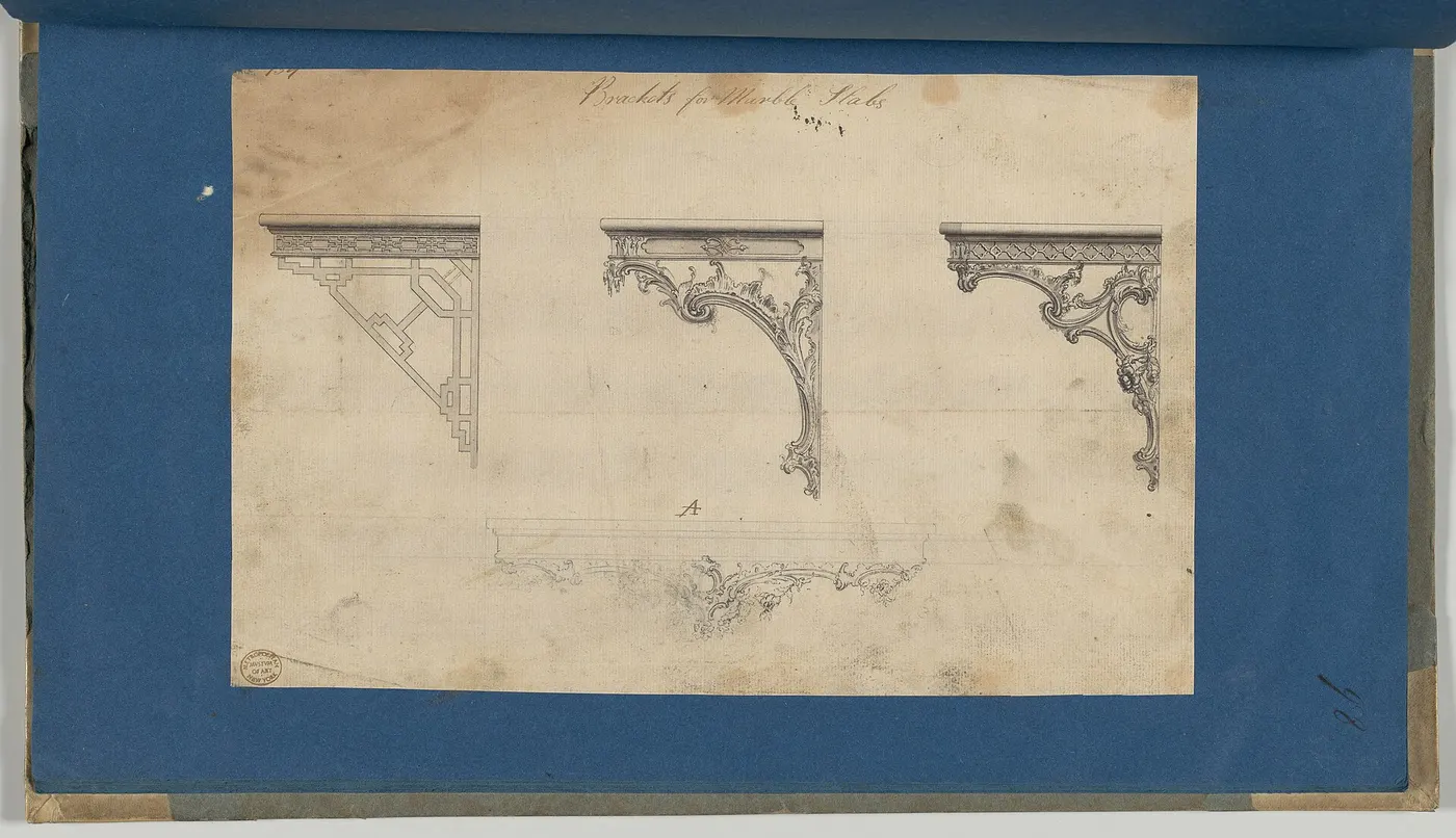 Plattenoberfläche: Brackets for Marble Slabs, in Chippendale Drawings, Vol. I MET DP-14278-082