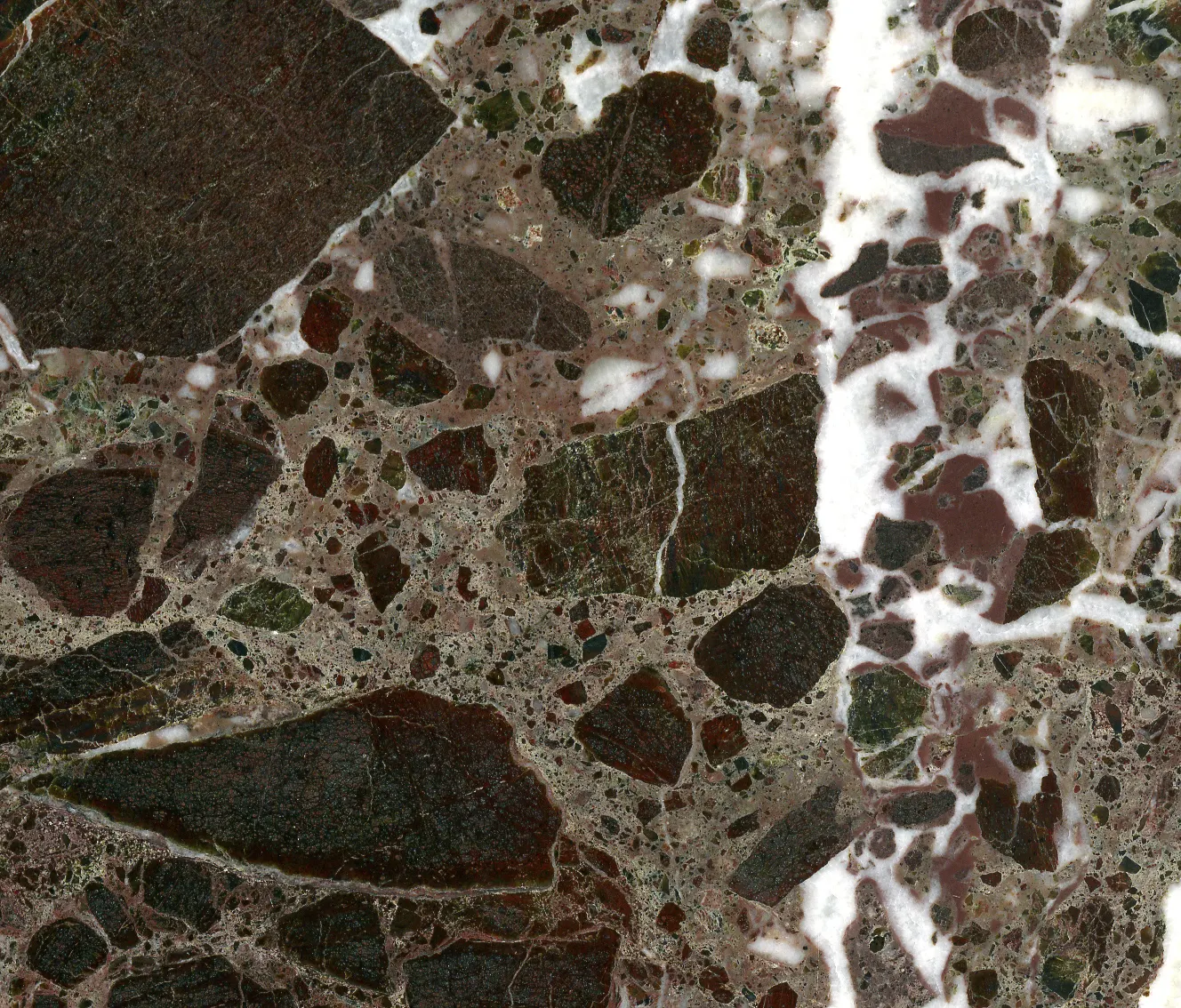Slab surface: Italian Red Antique Marble (tectonic marble breccia; Genoa, Liguria, Italy)