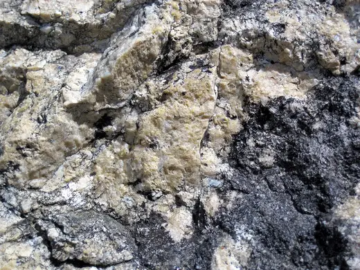 Slab surface: Dolomitized marble in marble (Gouverneur Marble, Mesoproterozoic, ~1.1 Ga; Route 11 roadcu