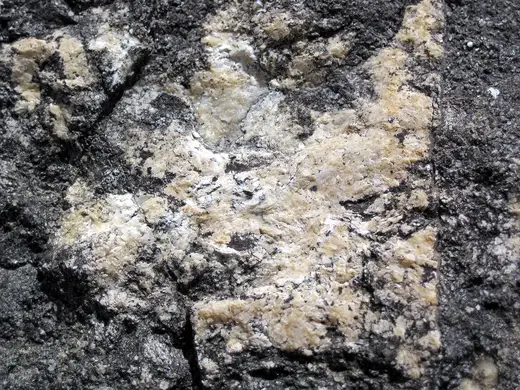 Slab surface: Dolomitized marble in marble (Gouverneur Marble, Mesoproterozoic, ~1.1 Ga; Route 11 roadcu