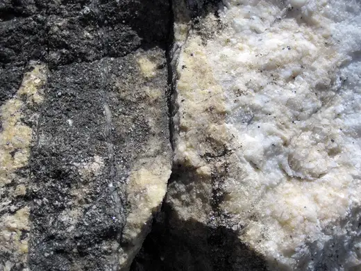 Slab surface: Dolomitized marble in marble (Gouverneur Marble, Mesoproterozoic, ~1.1 Ga; Route 11 roadcu